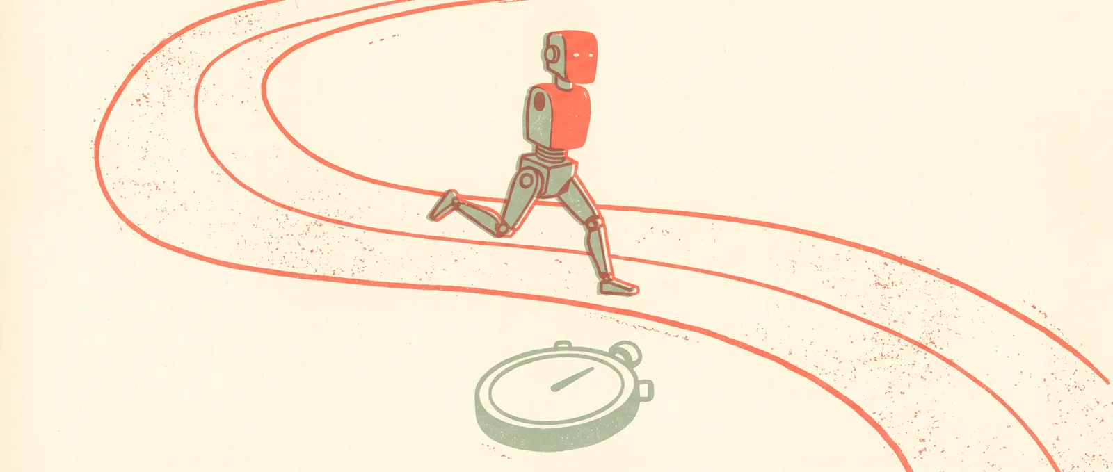 A two legged machine mid stride on a curved running track beside a stopwatch with a blank dial