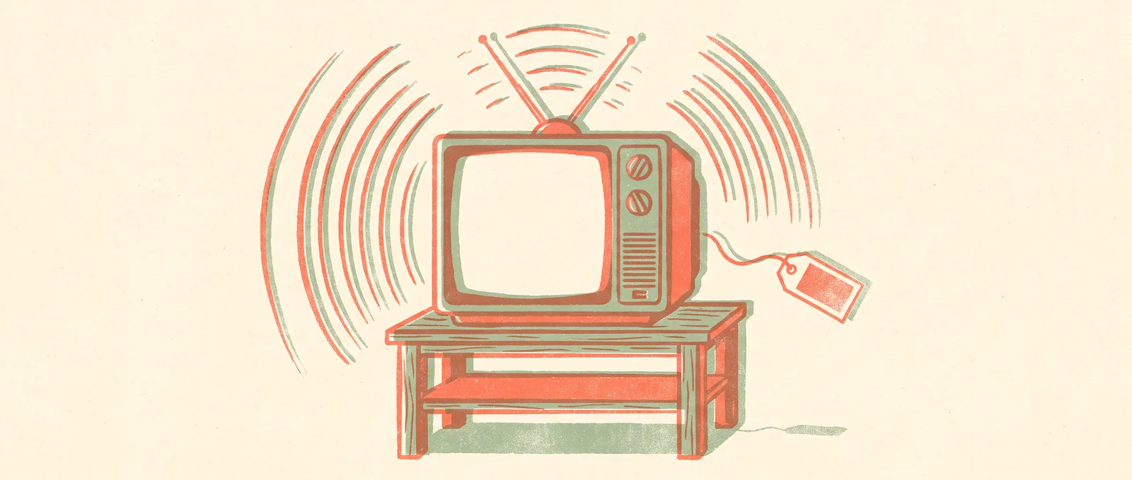 A boxy retro television on a low stand with sound ripples around it and a paper price tag drifting away