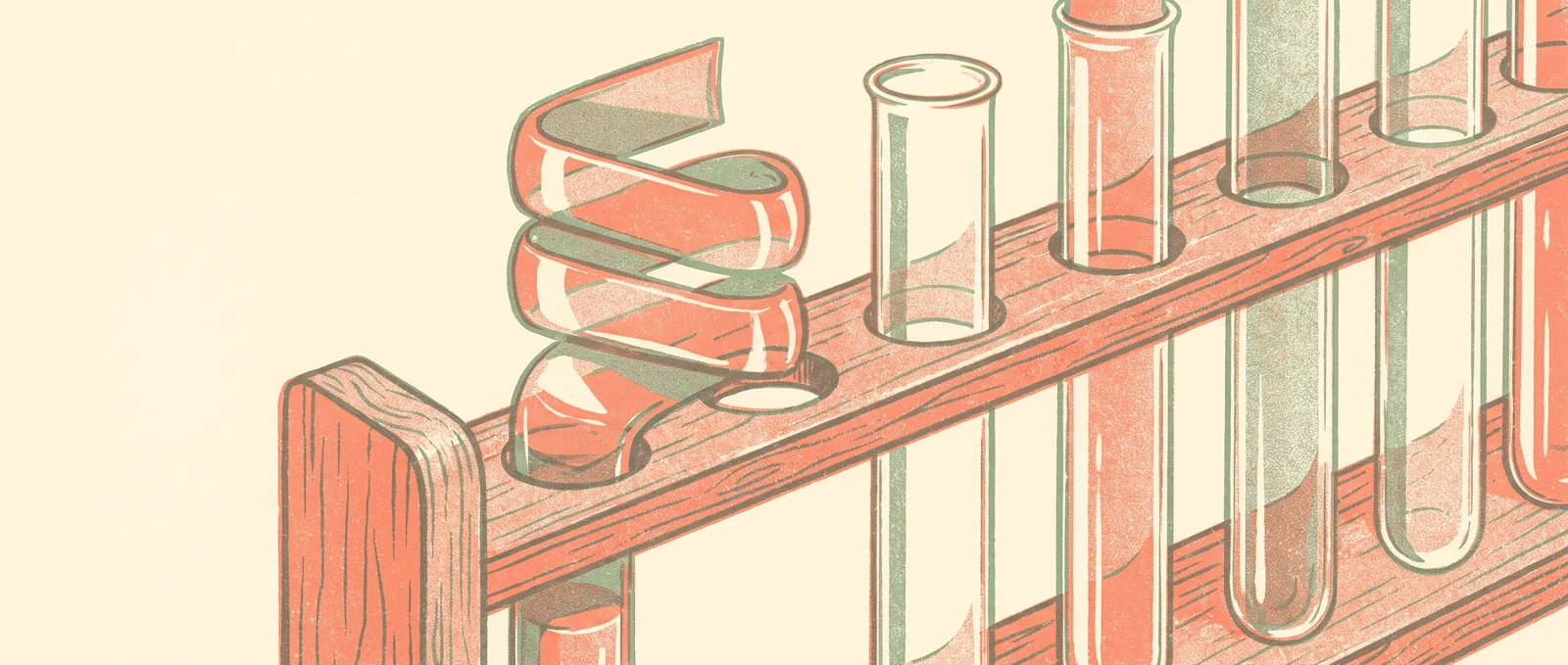 A wooden rack of laboratory test tubes where a coiled ribbon shape slots into one opening, with one tube left empty