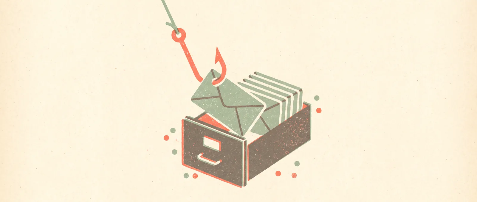 A fishing hook lifting a stack of sealed envelopes out of an open filing drawer