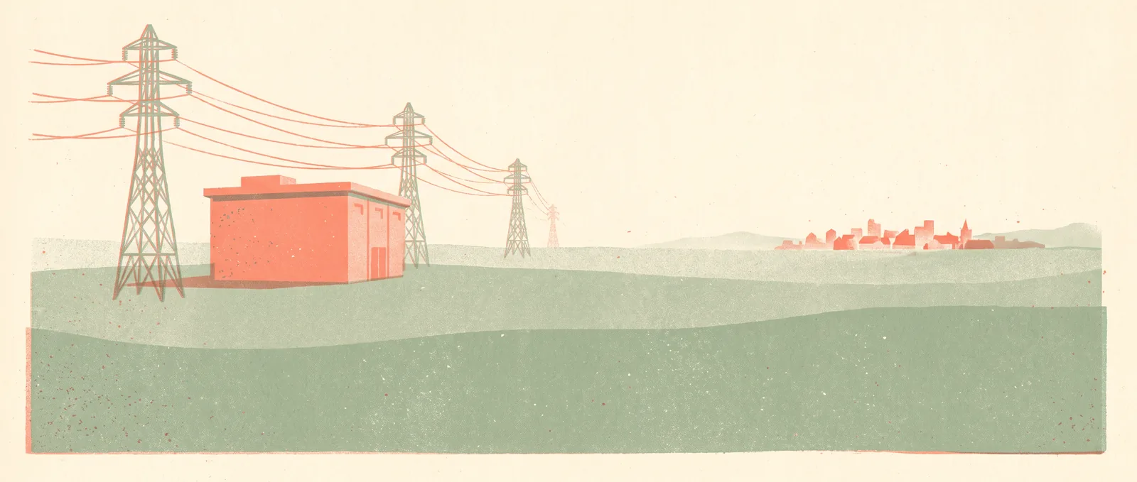 A lone windowless server building beside tall electricity pylons in open countryside, with a small town far off on the horizon