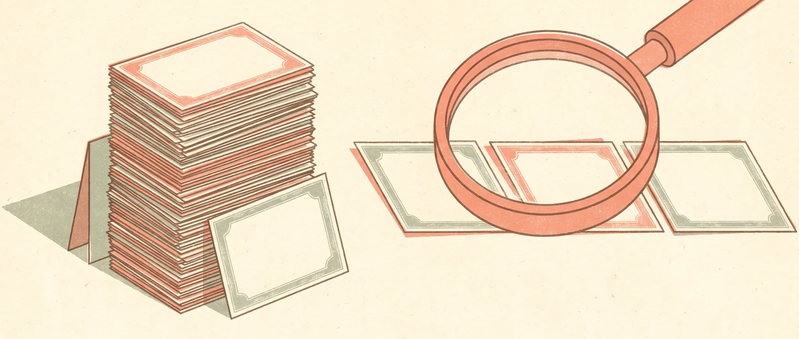 A towering stack of blank certificates on one side and three single certificates laid apart under a magnifying lens