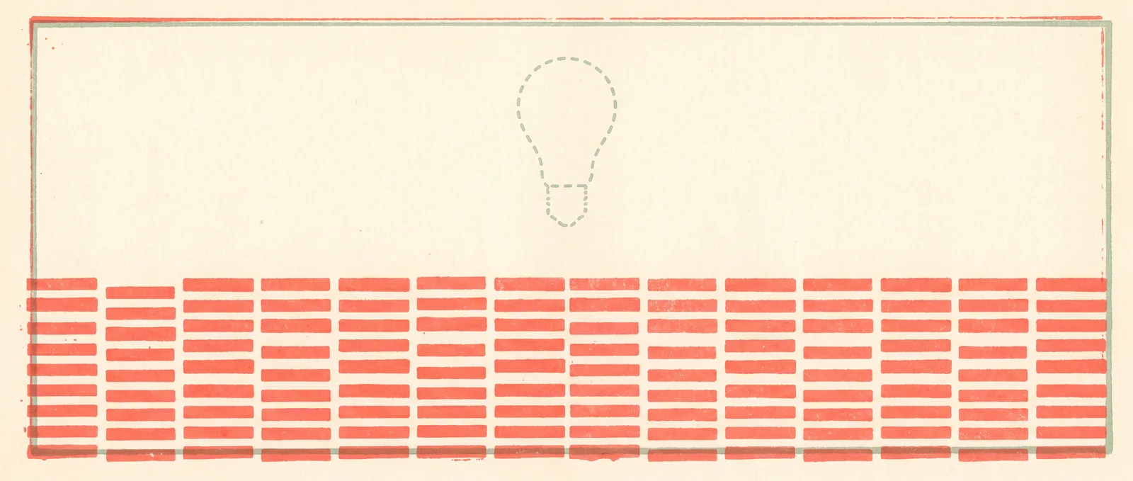 A sheet of paper blank across the top with a dense block of short reference bars along the bottom and a dashed lightbulb outline in the empty space
