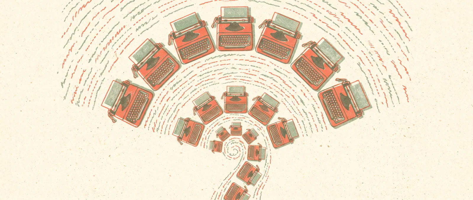 Rows of identical typewriters funneling into one narrow bottleneck shape