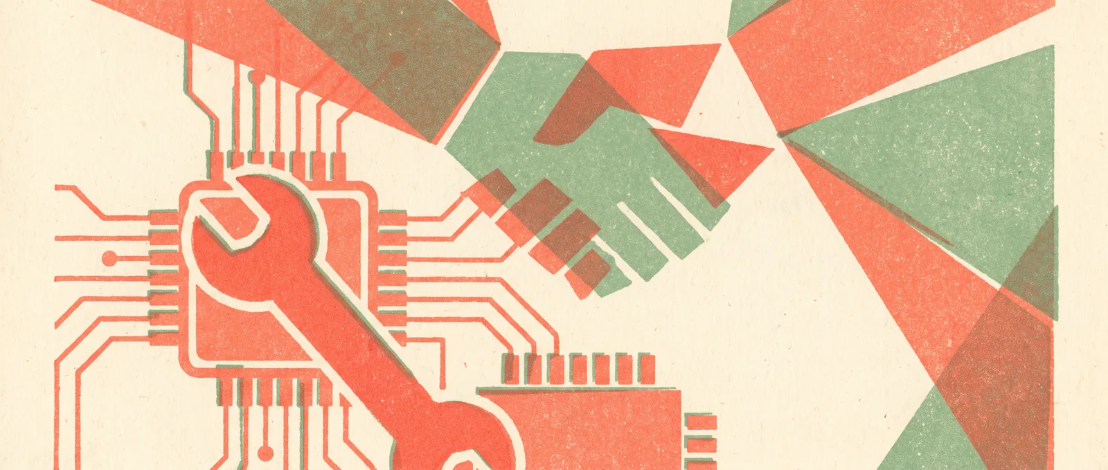 A circuit board chip crossed by a wrench with two geometric hands meeting above it