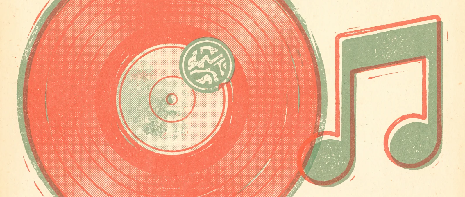 A vinyl record with a small round badge sticker beside a musical note