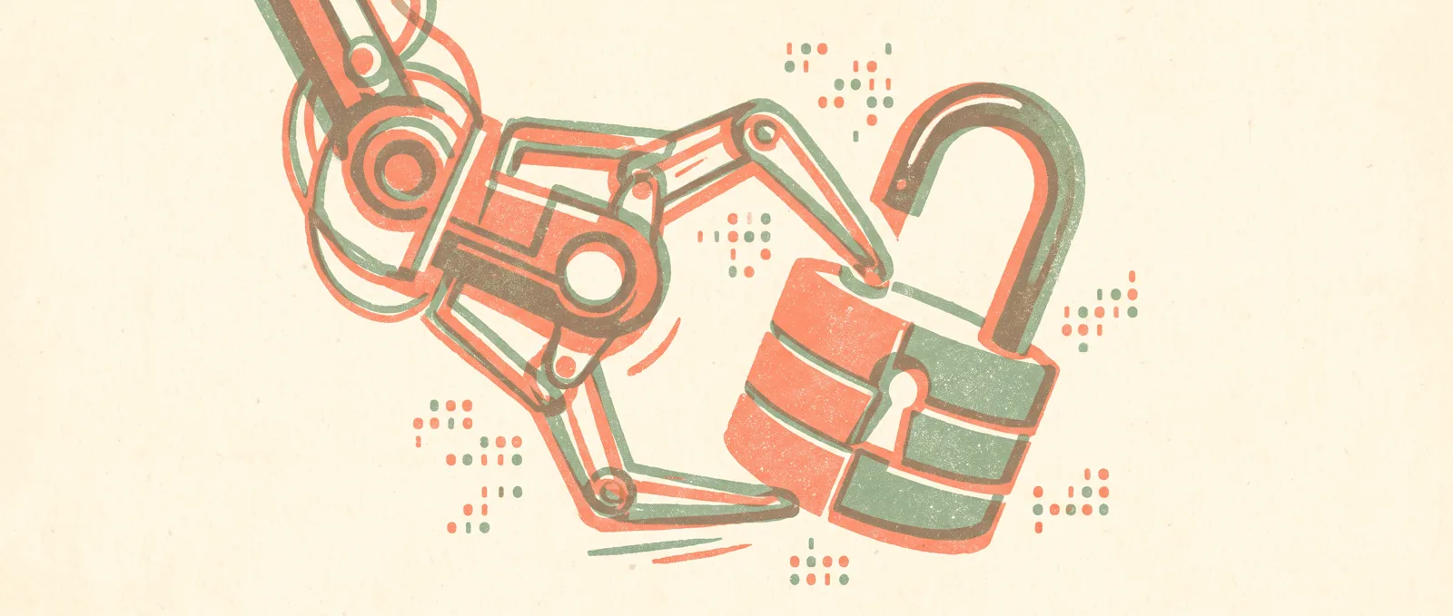 A padlock being picked open by a mechanical claw surrounded by binary dots