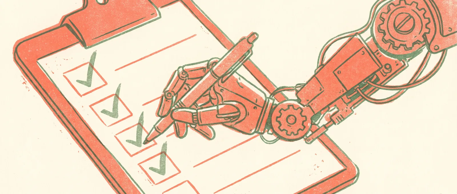 A clipboard checklist with checkmarks and a mechanical arm following the steps