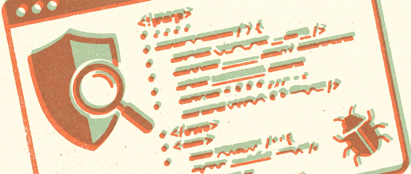 A shield with a magnifying glass scanning rows of code lines and a small bug icon