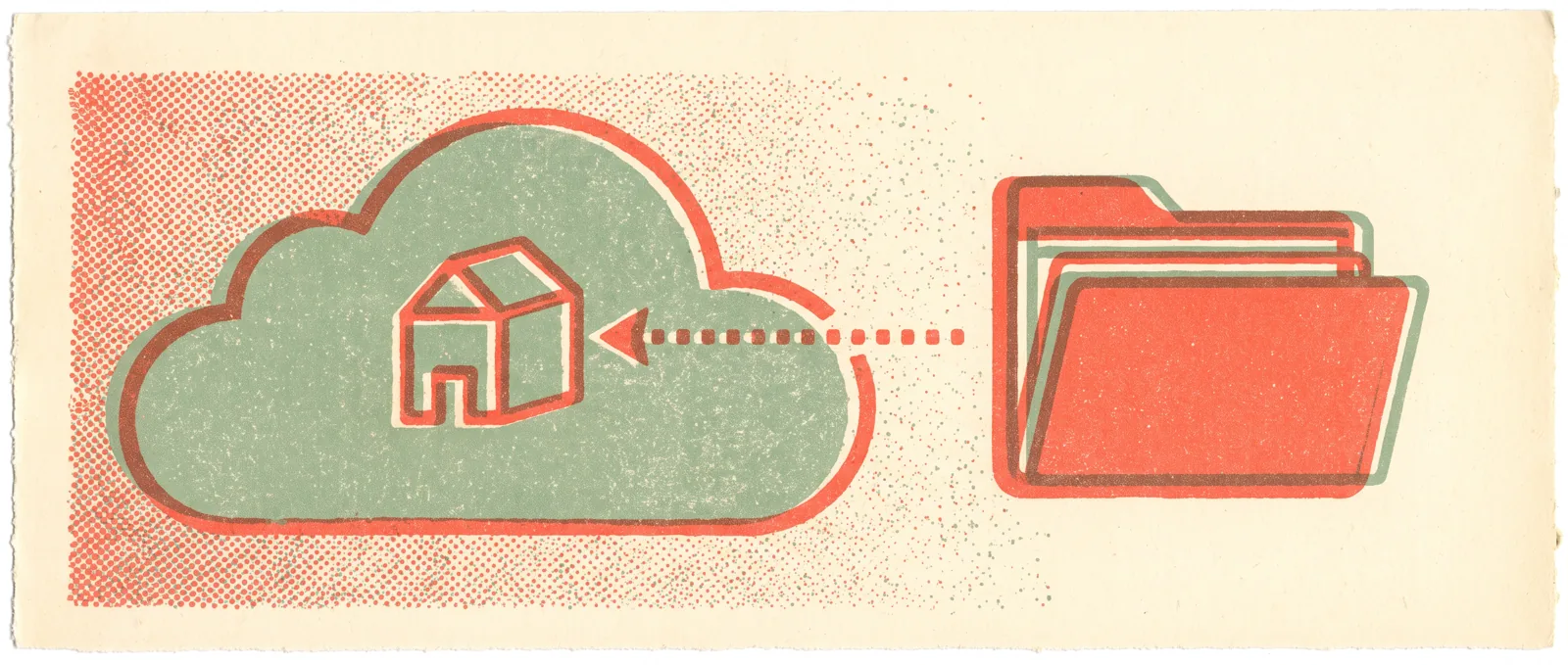 A data folder moving from one cloud into a second cloud shaped like a building