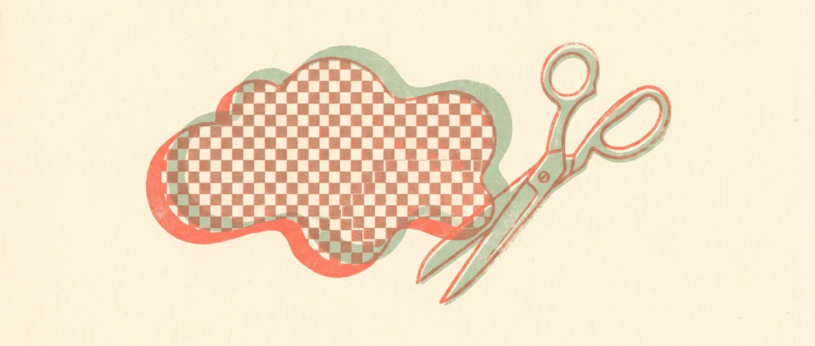 A checkerboard transparency pattern behind a floating object with scissors beside it