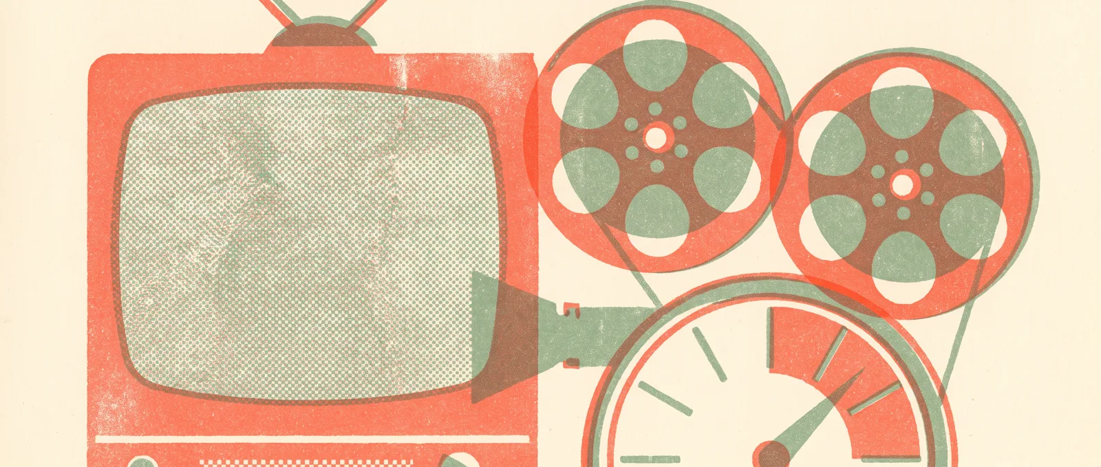 A television screen shape with film reels and a scoreboard percentage dial