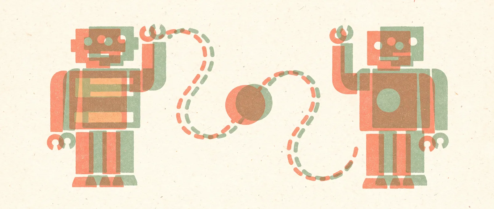 Two small robot shapes connected by a network line meeting at a central hub node