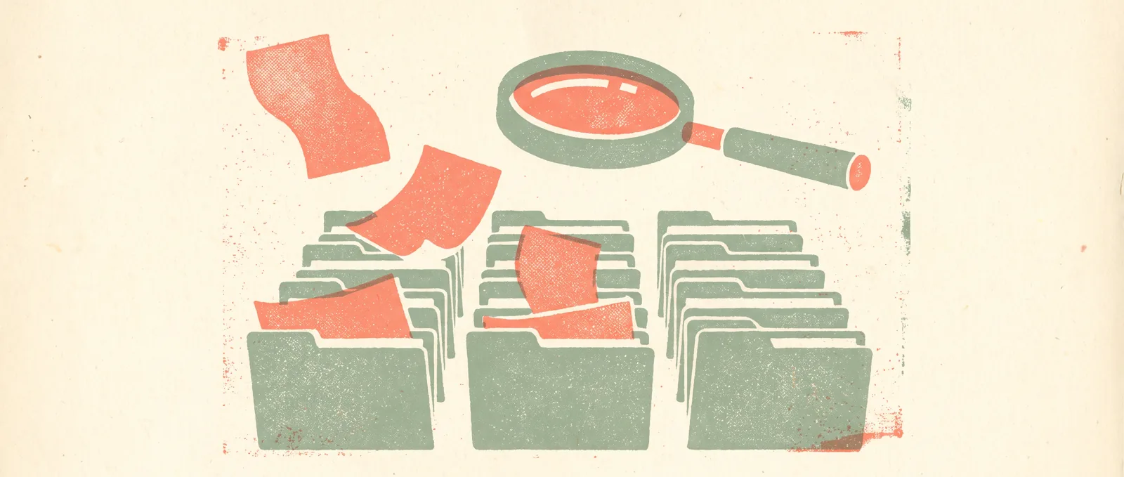 Scattered loose papers flowing into a neat organized grid of folders beneath a magnifying glass