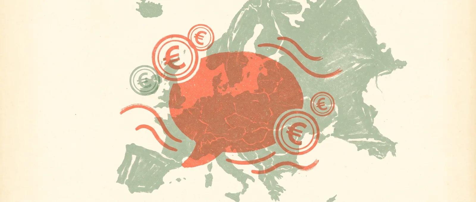 A large speech bubble shaped like the European continent, surrounded by small euro coin icons