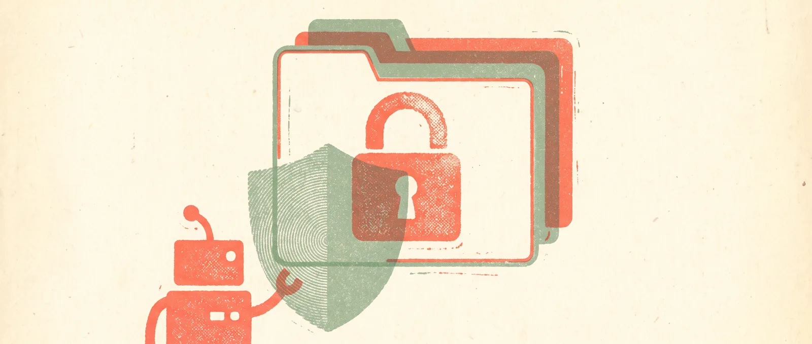 A padlock layered over a stack of folders, guarded by a shield, with a small robot assistant reaching toward it