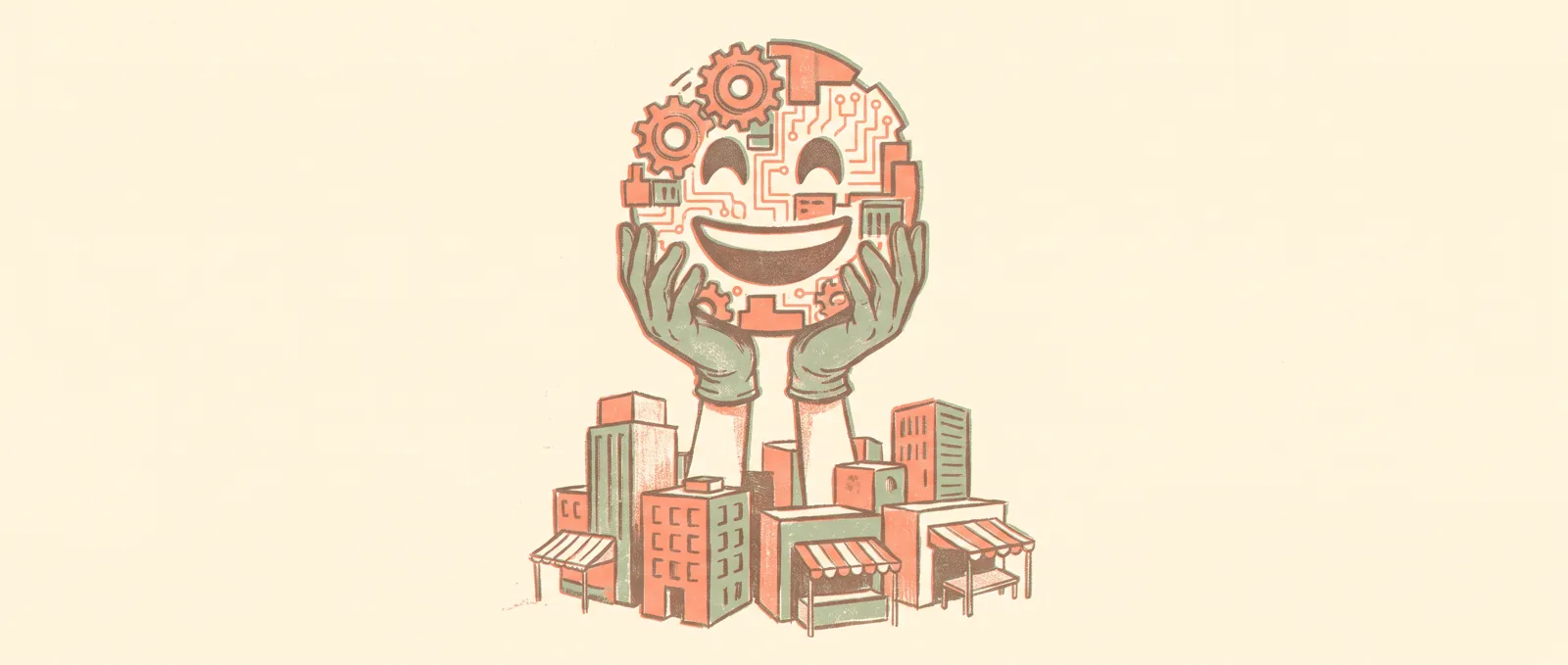 A smiling gear-and-circuit face held up by two hands above a small row of shopfronts