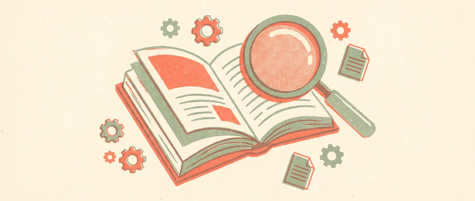 An open book with a magnifying glass hovering above its pages, surrounded by small gear and document icons