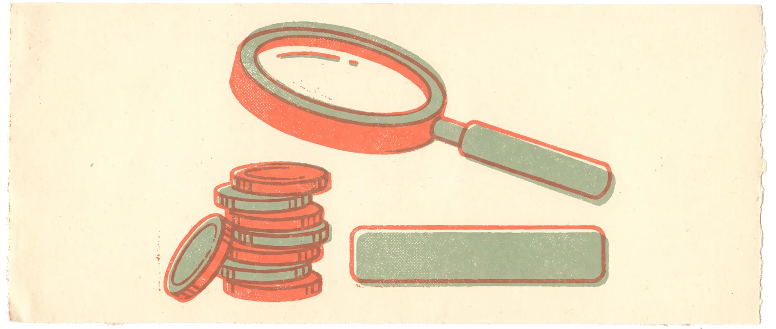 A magnifying glass hovering over a stack of coins next to a blank search bar