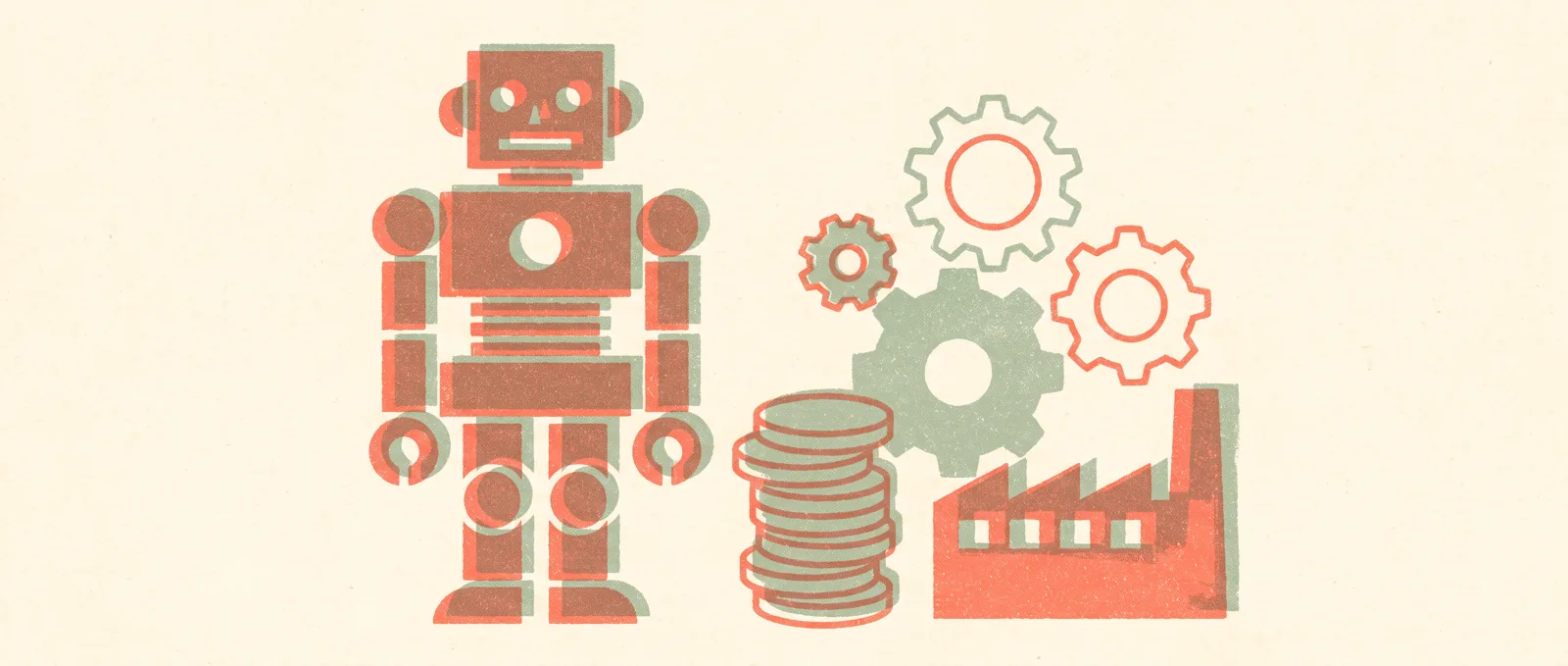 A simplified humanoid robot figure standing beside a stack of coins and gears in front of a small factory
