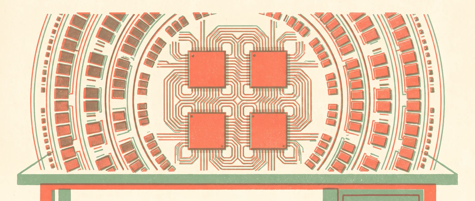 Four square chip dies fused into one block on a desk, surrounded by wide arcs of memory modules