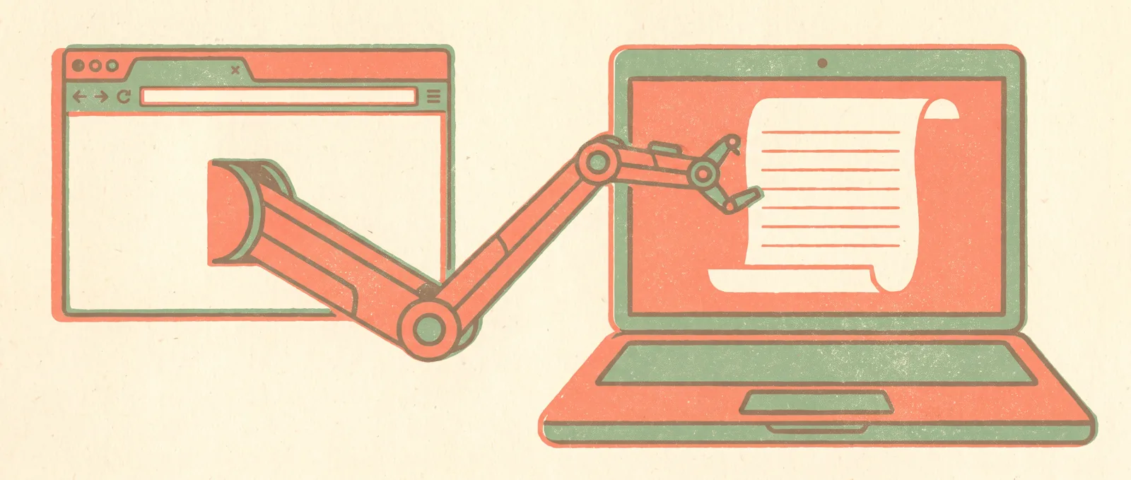 A mechanical arm reaching out of a browser window into an open laptop to unroll a scroll of text