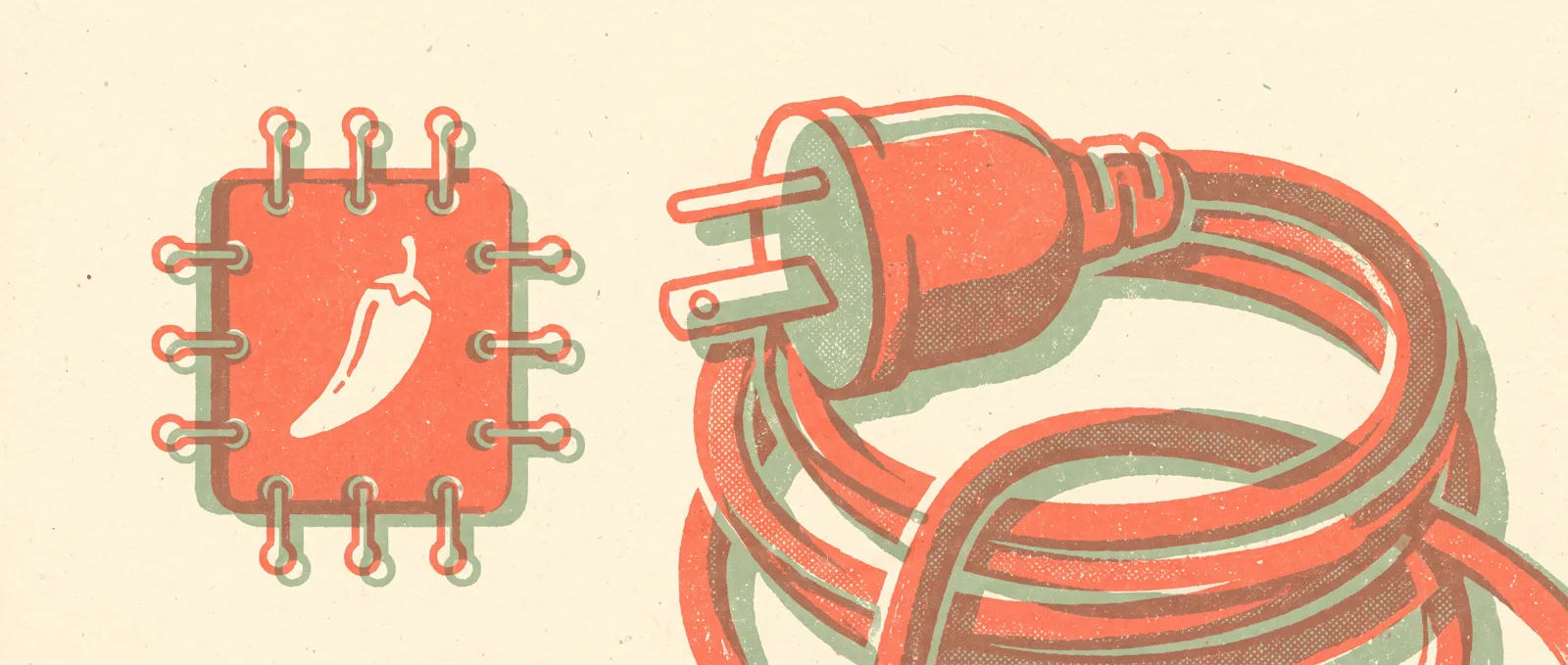 A small chili pepper drawn as a computer chip with pins, next to a much larger coiled power plug