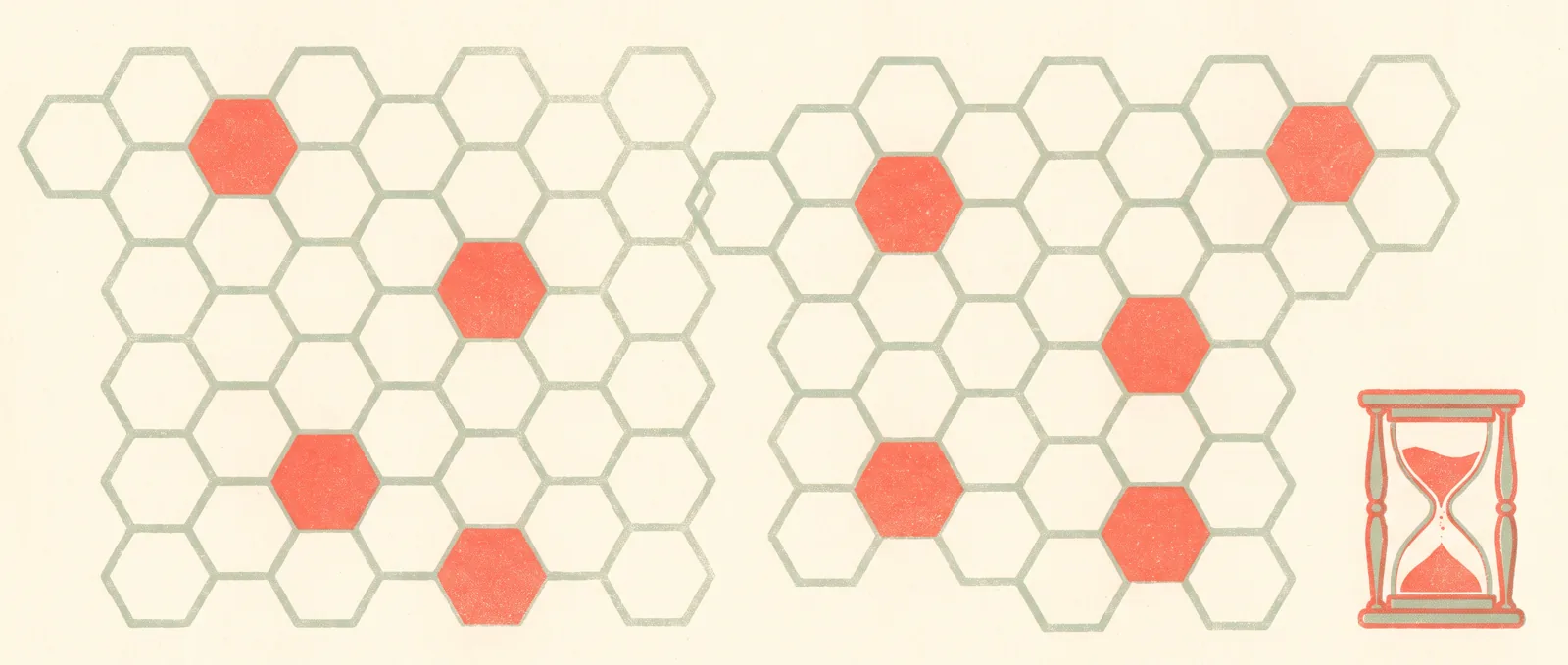 A wide honeycomb grid where only a handful of cells are filled in, with an hourglass at the edge