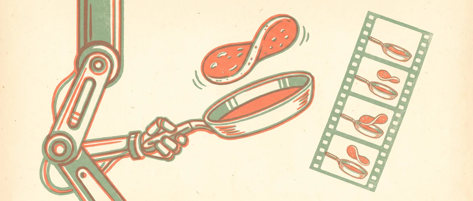 A robot arm flipping a pancake in a pan, with a filmstrip beside it showing the same motion frame by frame