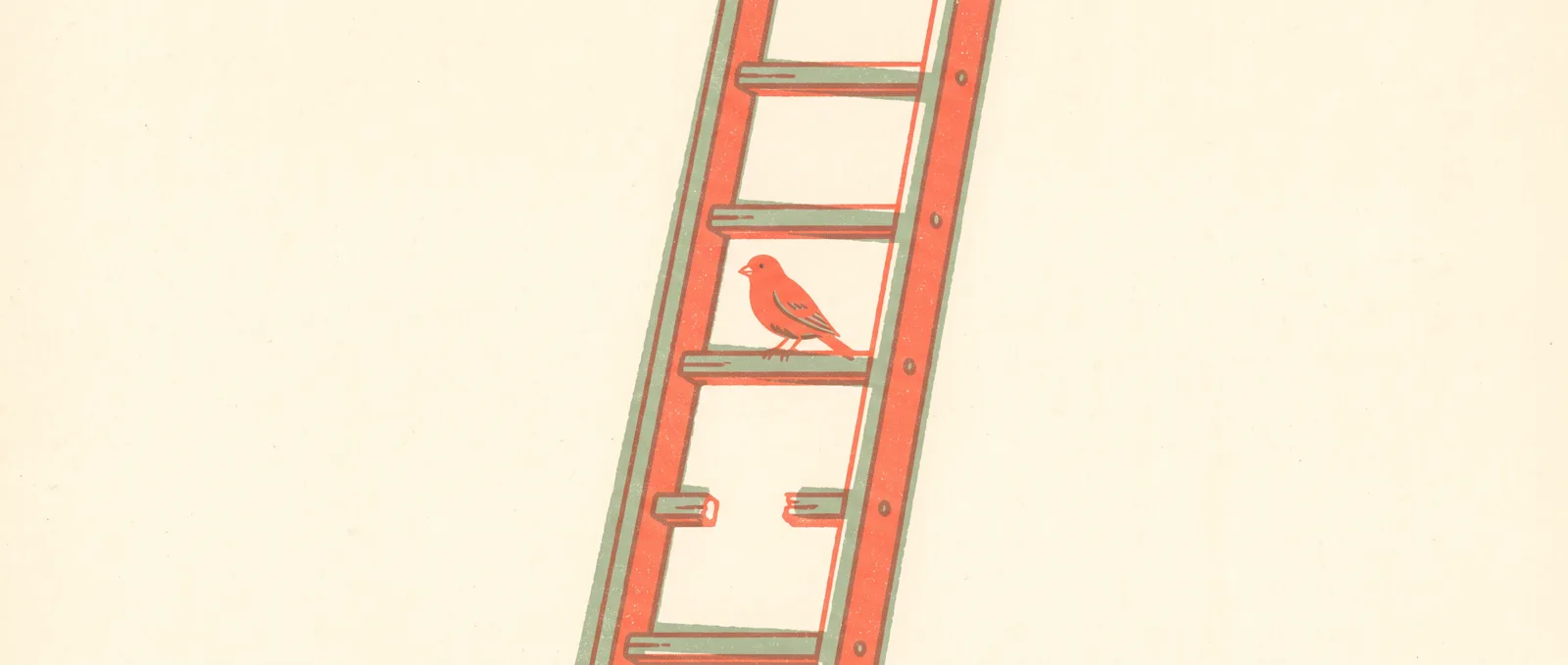 A ladder with its lowest rungs broken away and a small canary perched on the lowest one still standing