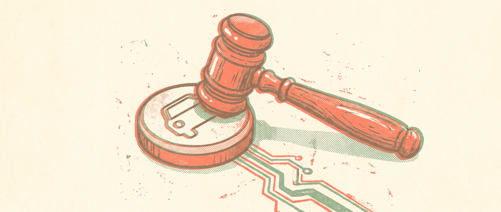 A judge's gavel resting on a round block stamped with a car icon, a circuit trace running out from under it