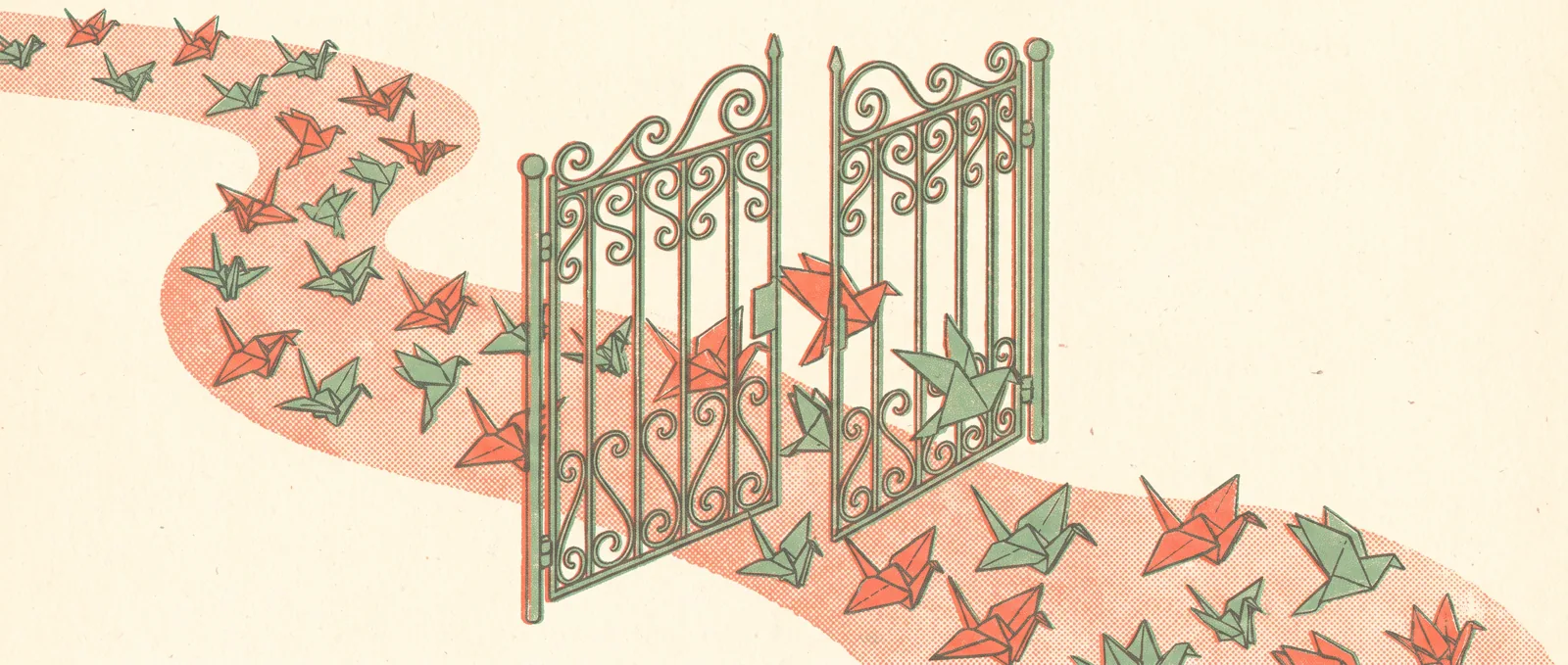 An iron garden gate swinging shut across a stream of folded paper birds, some caught behind the bars