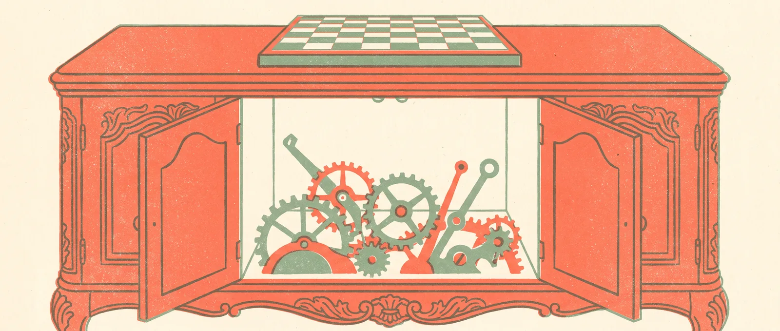 An antique cabinet with its doors open, showing idle gears inside and a chessboard on top