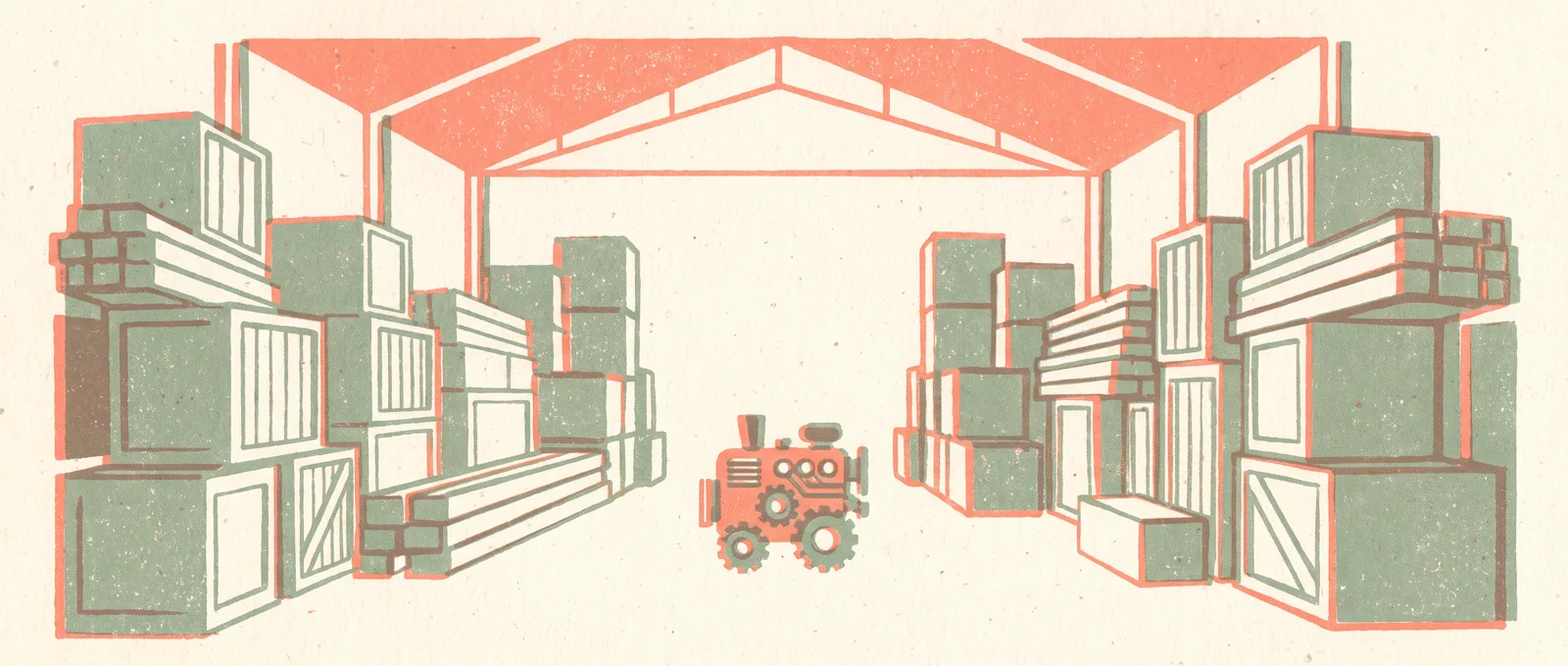A tiny compact engine standing alone in an enormous warehouse stacked with crates