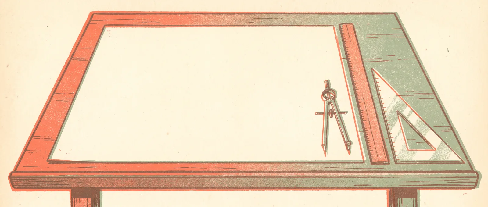 An architect drafting table holding a completely blank sheet of paper with dividers, ruler and set square beside it