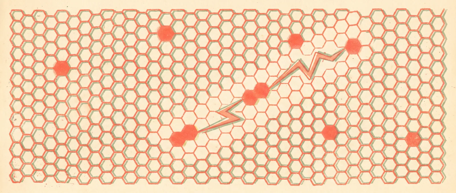 A wide honeycomb grid with only a few cells lit and a bolt of light threading between them