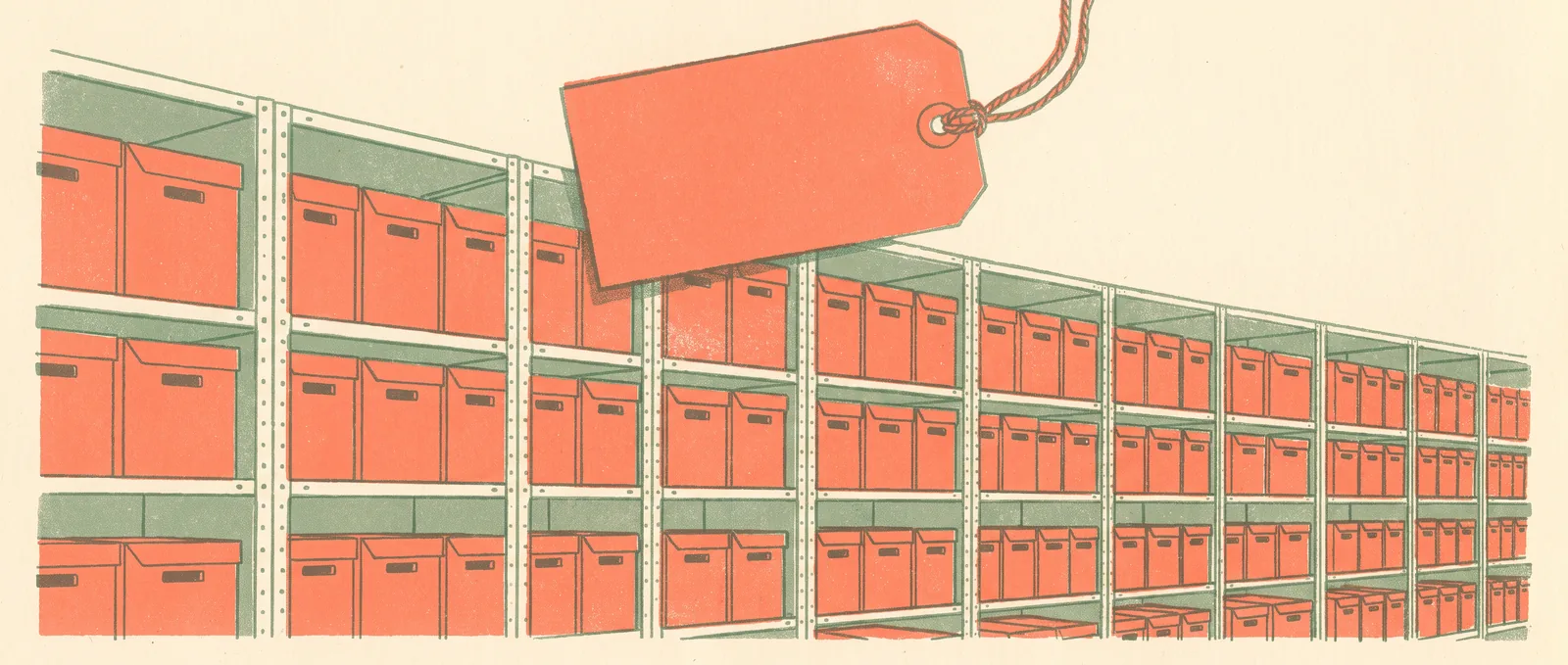 Endless archive shelves of identical boxes with one oversized blank price tag hanging above them