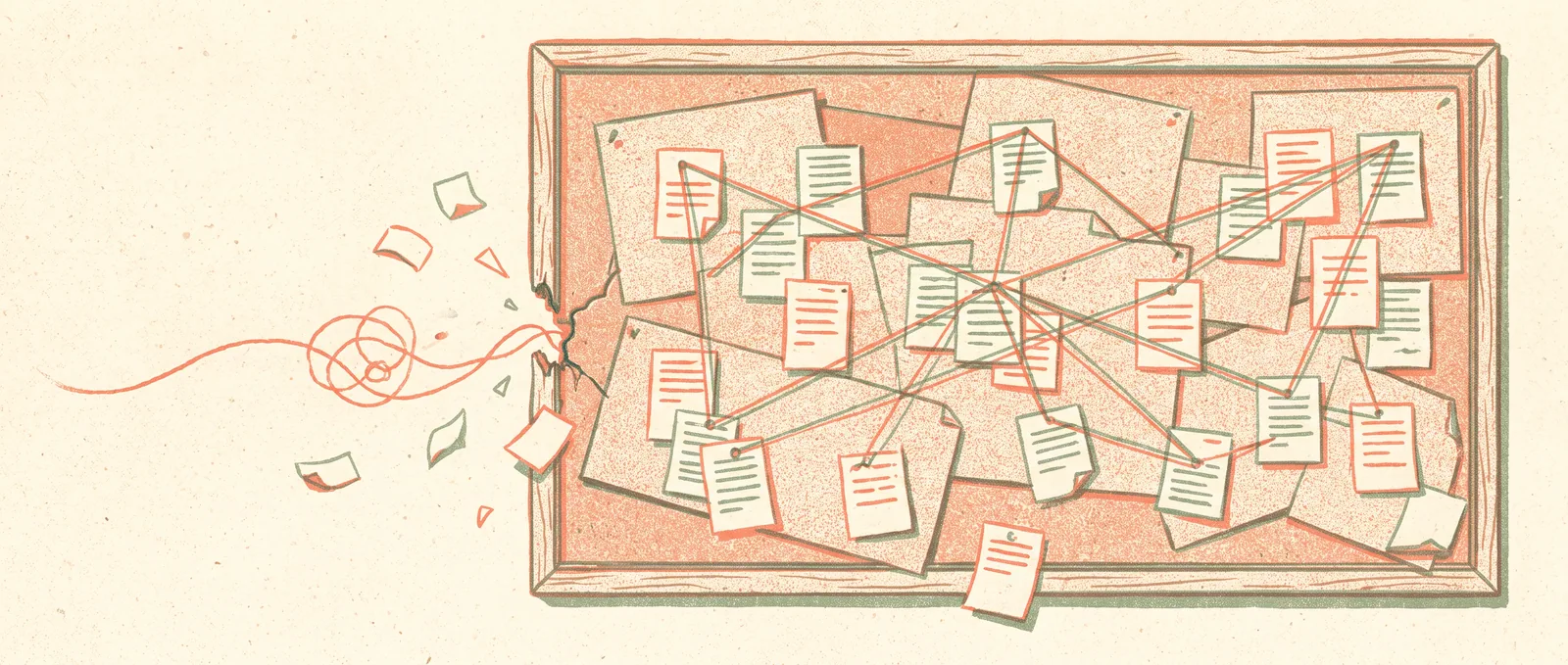 A crowded pinboard of notes linked by threads, one thread escaping through a crack at the edge