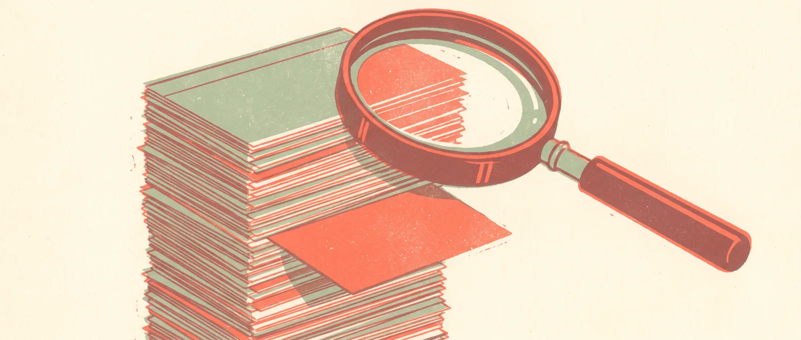 A tall stack of index cards with one card pulled out and a magnifying glass hovering above