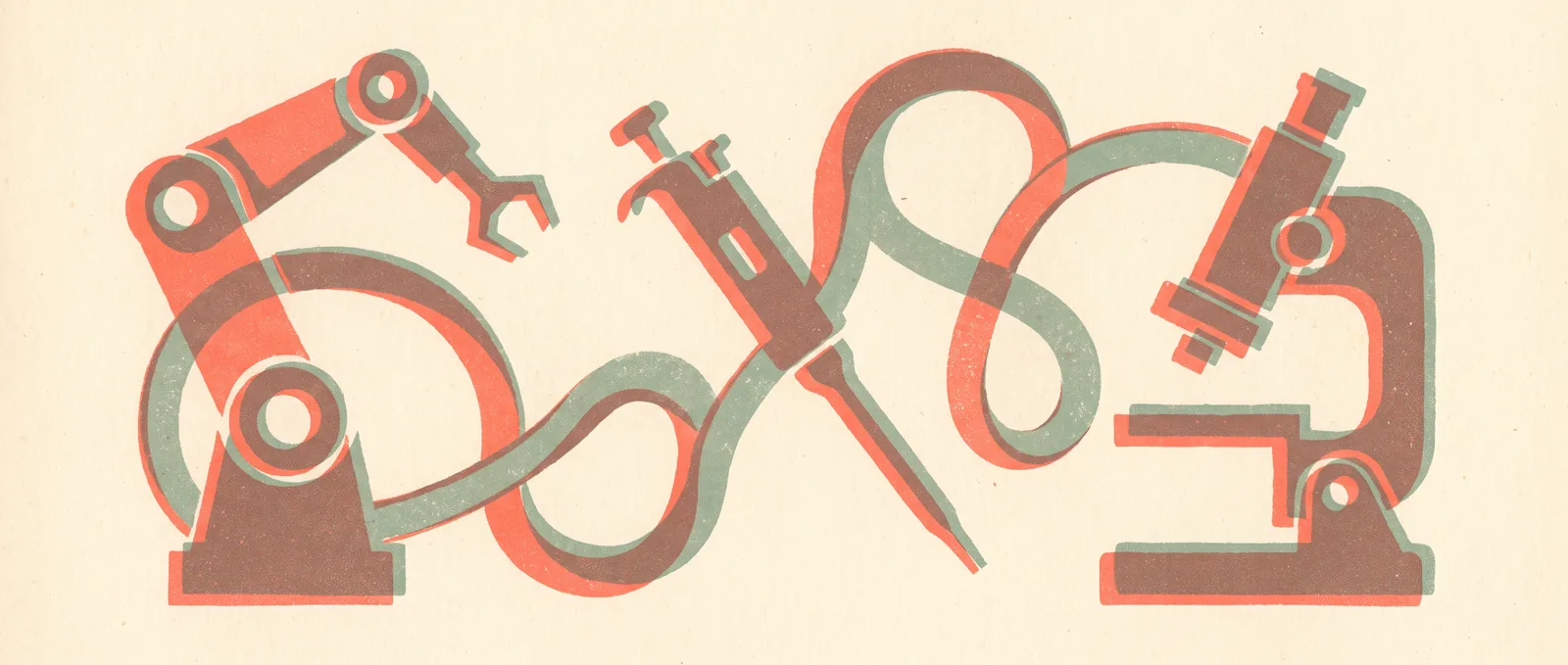 A robotic arm, a pipette and a microscope threaded together by one continuous looping ribbon of ink