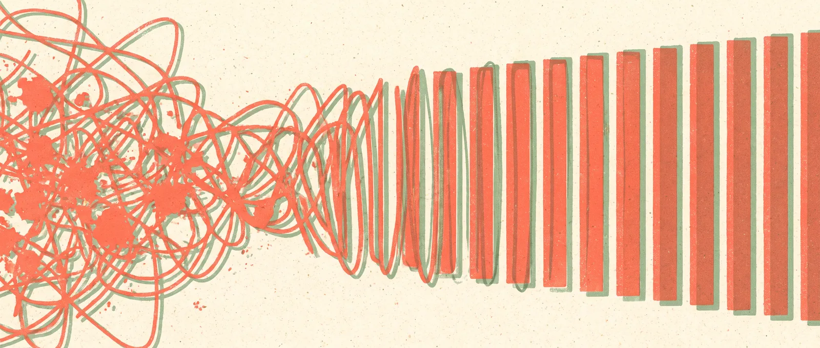 A tangle of scribbled sound waves on the left unravelling into neat evenly spaced bars on the right