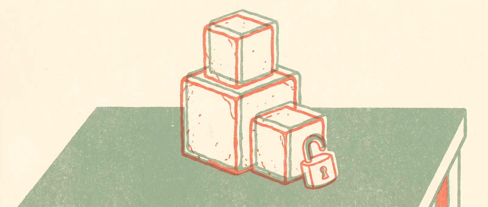 Three stone blocks of decreasing size stacked on a plain desk beside an open padlock