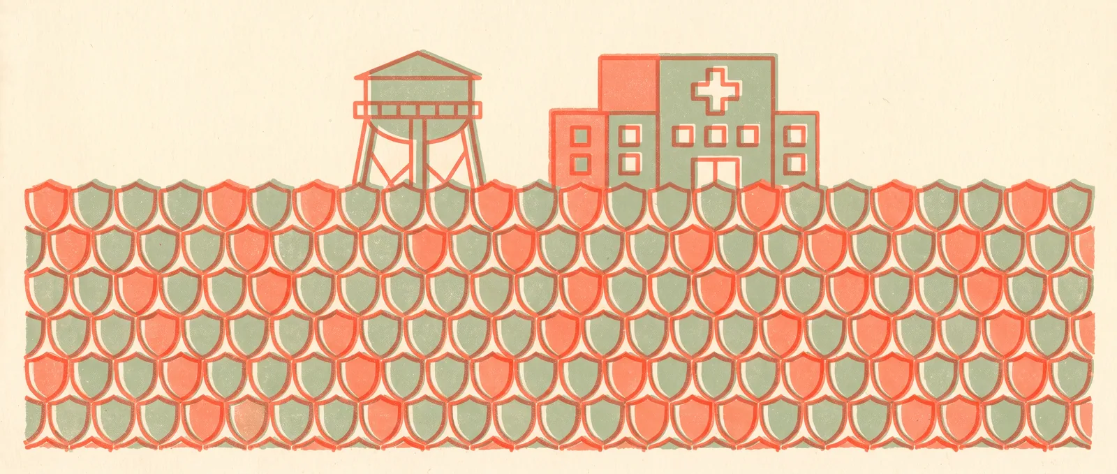 A wall of interlocking shields tiled across the page with a water tower and a hospital sheltering behind it