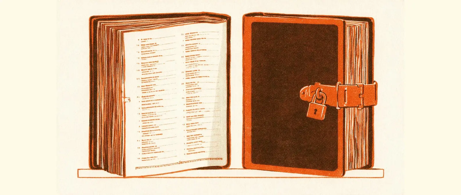 Risograph illustration of two thick bound rulebooks standing side by side on a shelf, the left one open with legible numbered paragraphs, the right one sealed shut with a metal clasp and no title on the spine