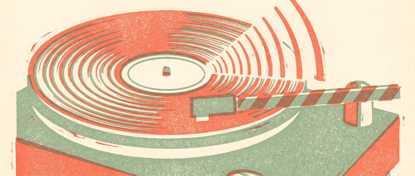 A vinyl record on a turntable with a striped barrier arm lowered across the platter, stopping the sound waves