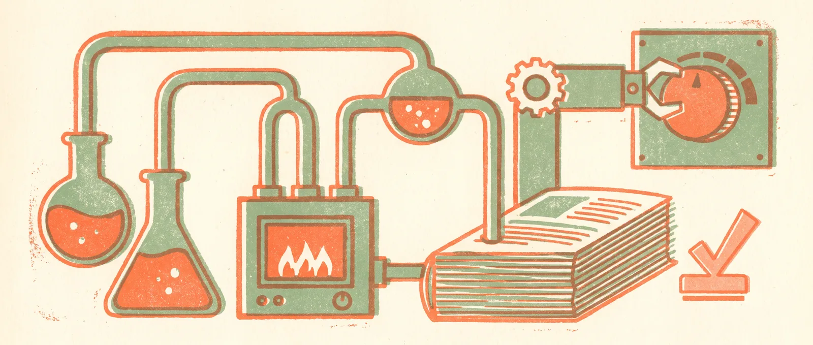 Laboratory flasks and a furnace piped into a thick stack of pages, with a mechanical arm turning a dial and an approval stamp alongside