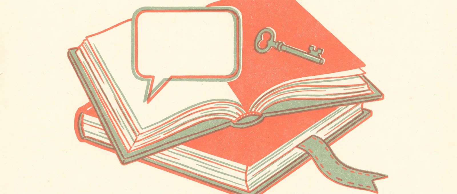 A stack of open books with an empty speech bubble rising from the pages and a small key resting on the cover