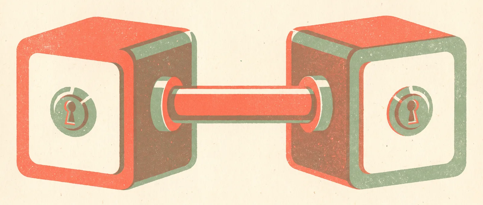 Two sealed strongboxes facing each other, joined by a single locked tube, each keyhole turned away from the other