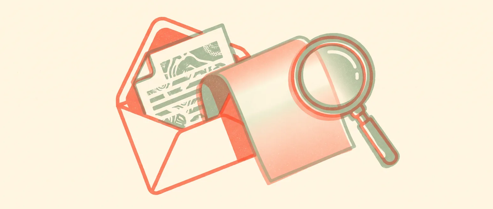 An opened envelope with a visible letter and a second blank sheet sliding out unseen behind it, under a magnifying glass