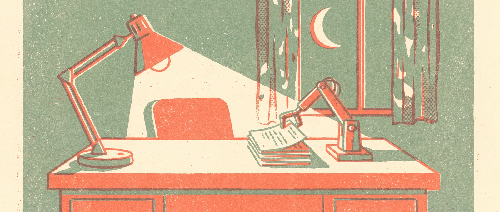 An empty desk at night, lamp still on, a small robotic arm sorting papers under a crescent moon